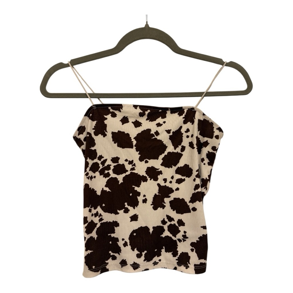 Y2K Style Cow Print Ribbed Crop Camisole Tank Top – Size Medium